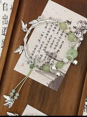 1pc New Chinese Style Antique Green Beaded Bracelet With Bamboo